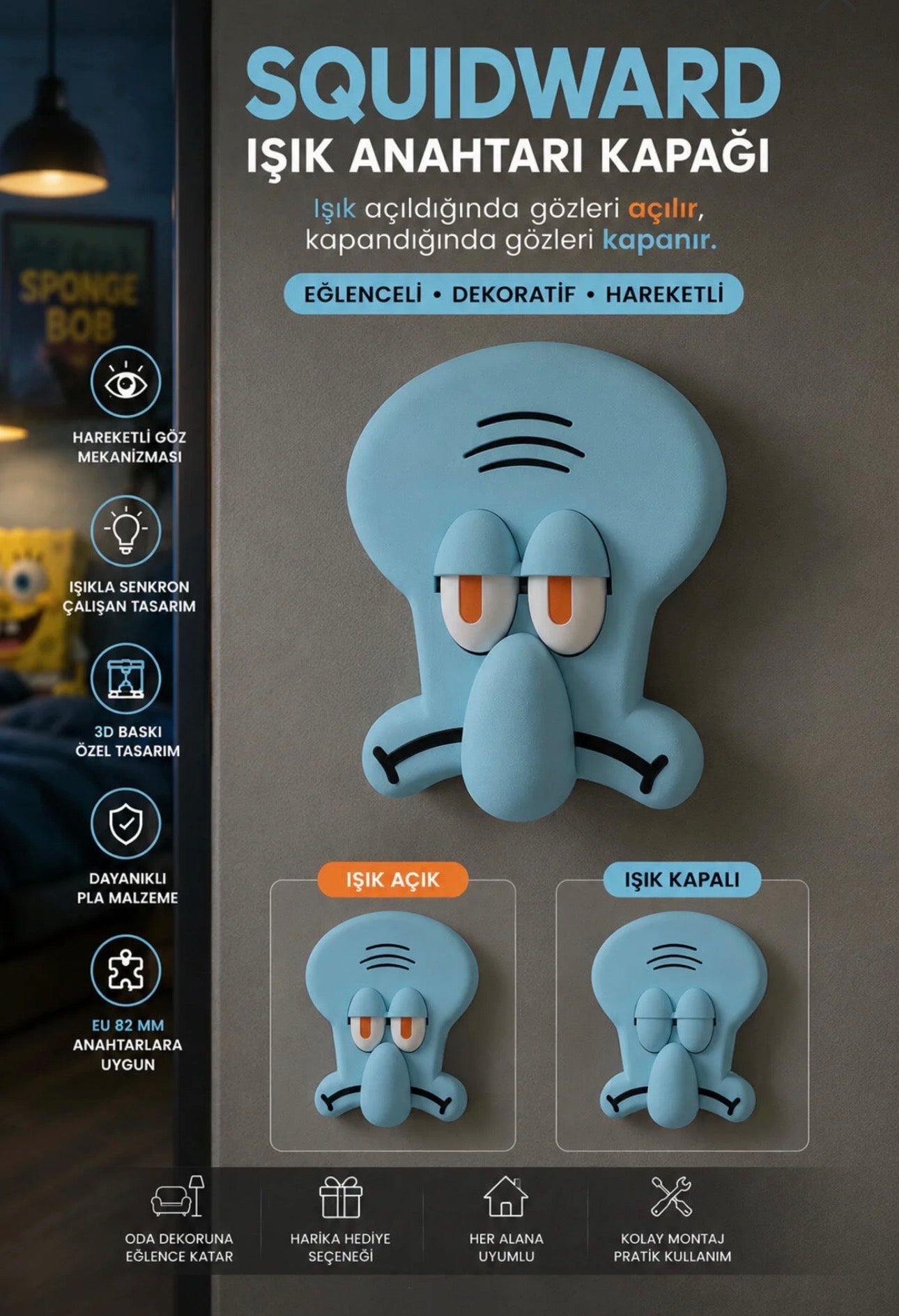 Nivu Sünger Bob Squidward Işık Anahtarı Kapağı | Gözleri Hareketli Işık Açma Kapama Aparatı |