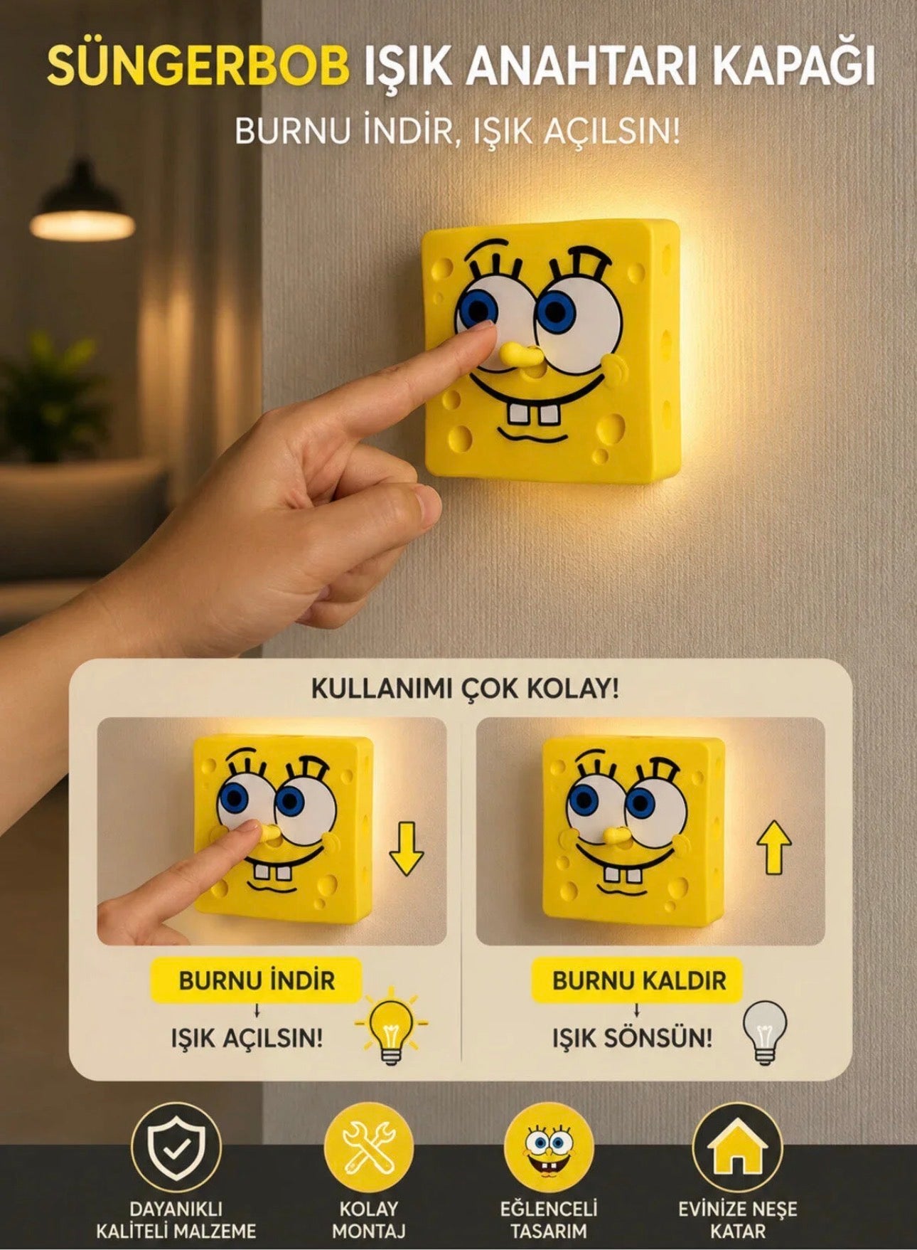 Nivu Sünger Bob Squidward Işık Anahtarı Kapağı | Gözleri Hareketli Işık Açma Kapama Aparatı |