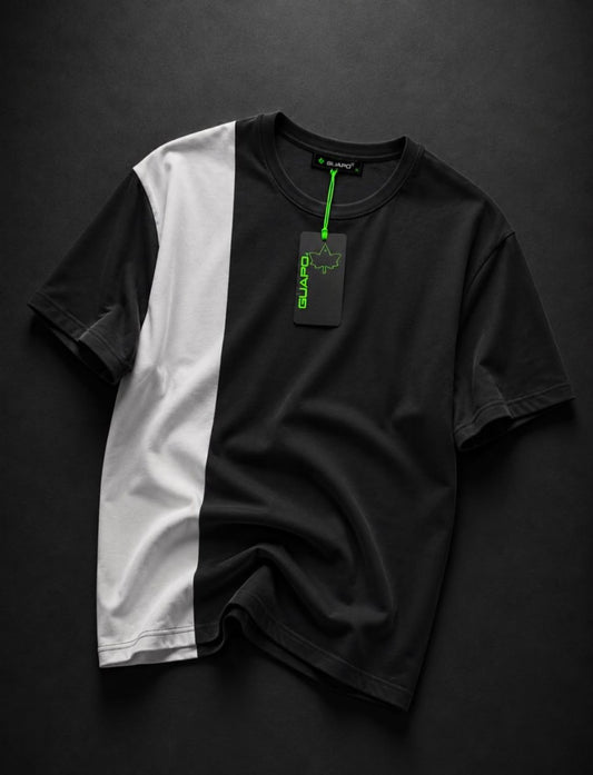 Ayazmann Erkek Oversize Tişört - Siyah Beyaz Şerit Detaylı Colorblock Tasarım