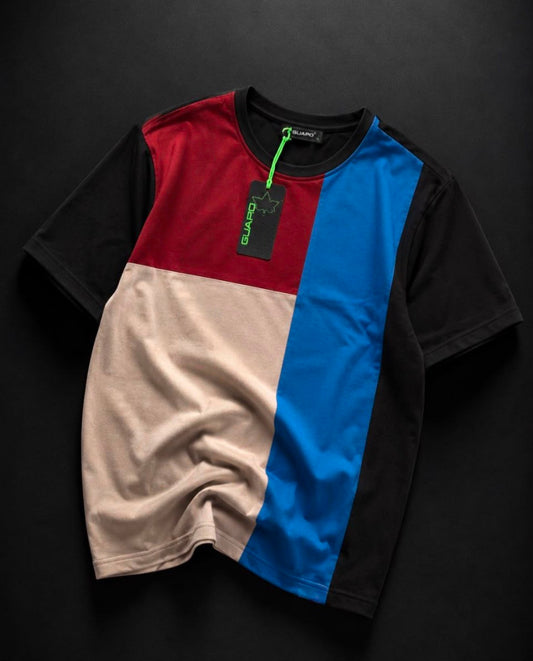 Erkek Renk Blok Kontrast Oversize Tişört - Bordo/Mavi/Bej/Siyah