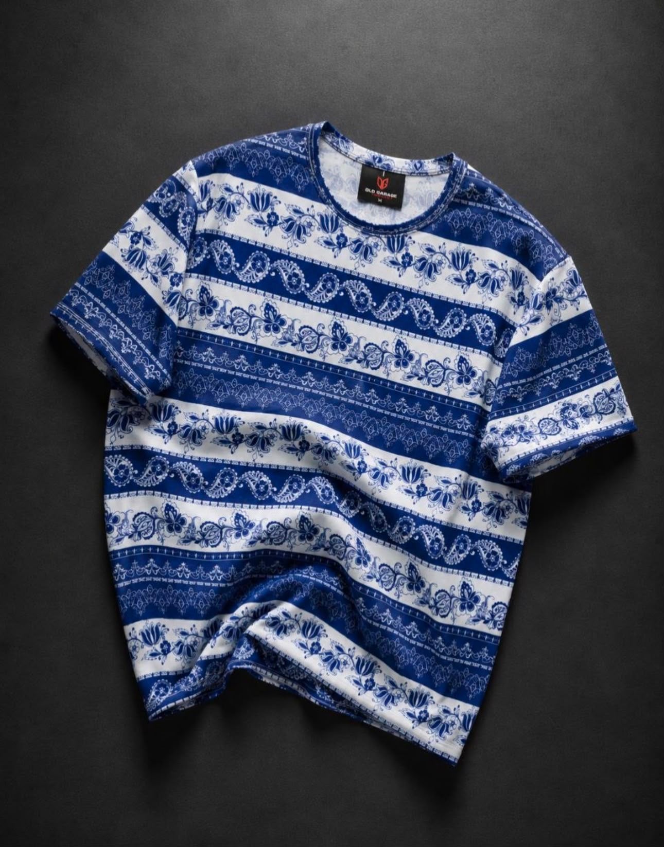 Erkek Lacivert-Beyaz Bandana Paisley Desenli Oversize Tişört