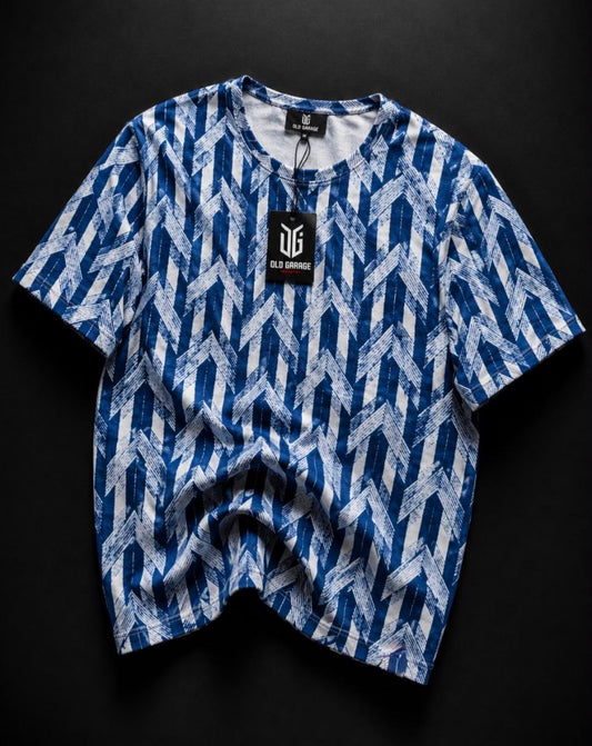 Erkek Lacivert-Beyaz Zigzag Şevron Desenli Oversize Tişört